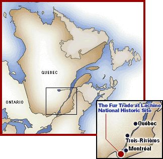 Map giving the location of The Fur Trade at Lachine in relation with the provinces of Ontario and Qubec, and the cities of Montral, Trois-Rivires and Qubec