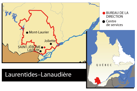 Carte prsentant la rgion Laurentides-Lanaudire et indiquant les bureaux du Ministre dans la rgion.