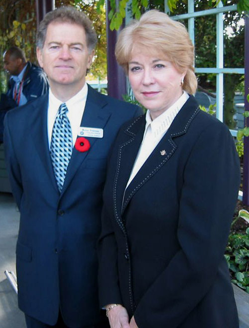Labour and Citizens' Services Minister Olga Ilich, is pictured with Wayne Peterson, executive director of Victoria Hospice, to announce that more people are now eligible for eight weeks' unpaid leave to care for terminally ill loved ones.