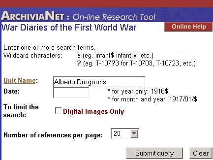 War Diaries of the First World War search screen
