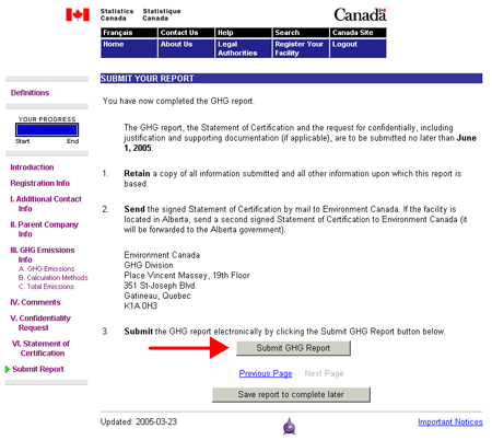 The final step for submitting your report is sending the report to Statistics Canada by selecting the “Submit your report” button.