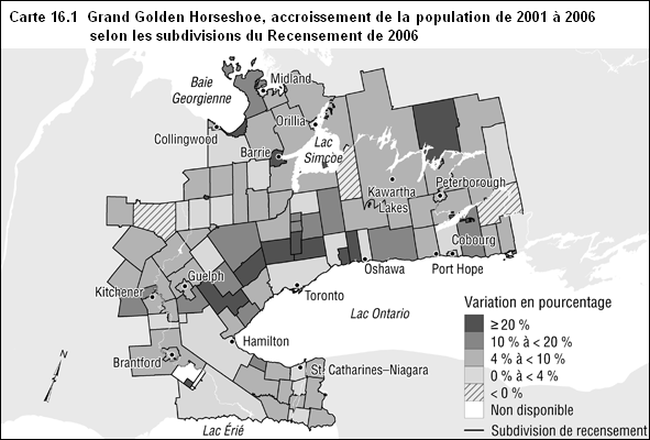 Carte 16.1  Grand Golden Horseshoe, accroissement de la population de 2001  2006 selon les subdivisions du Recensement de 2006