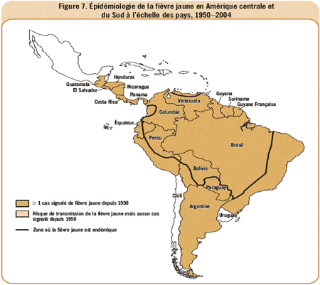 Figure 7. pidmiologie de la fivre jaune en Amrique centrale et du Sud  l'chelle des pays, 1950-2004