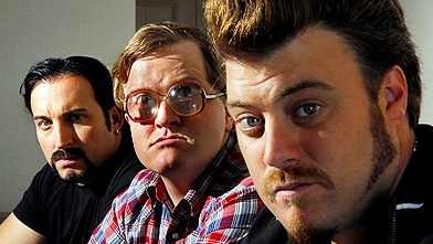 From left, Trailer Park Boys Julian (John Paul Tremblay), Bubbles (Mike Smith), and Ricky (Robb Wells) during an Oct. 2 interview. (Aaron Harris/Canadian Press)