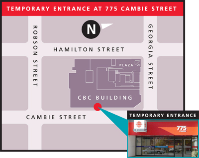 Temporary entrance at 775 Cambie St.