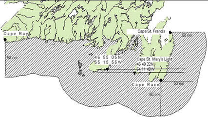 La rgion couverte par l'tude est toute la cte sud de Terre-Neuve, du cap St. Francis ( l'est de St. John's) jusqu'au cap Ray ( l'ouest prs de Port aux Basques), y compris la baie de Placentia jusqu? la limite des 50 milles.