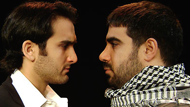Jeremy Cohen, left, plays an Israeli Jew and Mike Mosallam is his Palestinian roommate in the satirical play West Bank, U.K. (La MaMa ETC)