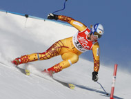 Canada's Emily Brydon speeds down the slope on her way to taking second place in Sunday's women's super-G race in St. Moritz, Switzerland.