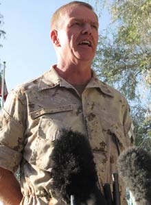 Gen. Rick Hillier speaks to reporters in Afghanistan in October. 