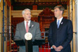 Premier Gordon Campbell, joined by Attorney General Geoff Plant, outlines the terms of reference for the proposed citizens' assembly on electoral reform on April 28, 2003. The 159-member assembly will hold public hearings across B.C. to look at all possible models for electing MLAs and report back to the government by December 2004.