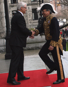 Premier Gordon Campbell greets the Honourable Steven L. Point, OBC, Lieutenant Governor of British Columbia, as he enters the Legislature Building to give the speech from the throne, opening the fourth session of the 38th Parliament of B.C.
