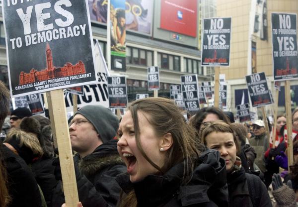 Protesters march against Stephen Harper's prorogation of Parliament in Toronto on Saturday, Jan. 23, 2010. 