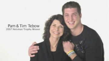 Pam Tebow with her football playing son, Tim, during an ad running on the Superbowl telecast.
