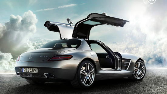 The 2011 Mercedes-Benz SLS AMG, with it's spectacular gullwing doors, has a 6.2-litre V-8 engine that boasts 571 horsepower at 6,800 rpm. Mercedes-Benz