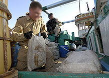 HS2008-J016-007  18 February 08  Operation ALTAIR   A sailor from Her Majesty’s Canadian Ship (HMCS) Charlottetown retrieves sacs of suspected narcotics from within the deck of a dhow as the ship conducts boarding operations in the Northern Arabian Sea off the coast of Pakistan.     Her Majesty’s Canadian Ship (HMCS) Charlottetown is currently deployed on Operation ALTAIR (Roto 3), Canada’s maritime contribution to the continuing United States led campaign against terrorism known as Operation Enduring Freedom.  Under the Command of Commander Patrick St-Denis and with a crew of  250 Officers and sailors, including a CH-124 Sea King helicopter detachment, HMCS Charlottetown is conducting surveillance patrols and maritime interdiction operations to control sea-based activity in the Persian Gulf and Arabian Sea.  HMCS Charlottetown will also be assigned to monitor shipping, escort commercial vessels, and help detect, deter and protect against terrorist activities to bring long term stability to the area.  Throughout the deployment, HMCS Charlottetown will also conduct port visits designed to reinforce established regional relations and demonstrate Canada’s ongoing commitment to international security.  Credit: Cpl Robert LeBlanc, Formation Imaging Services, Halifax, NS  