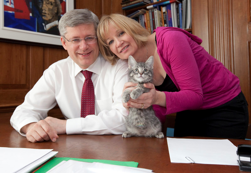 Prime Minister Stephen Harper and his wife Laureen play with Stanley, the newest member of the Harper family. June 3, 2011. (Photo by Deb Ransom)