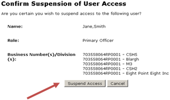 Description: Confirm Suspension of User Access screen in ROE Web