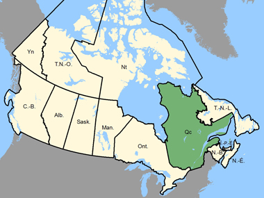 Carte du Canada: Quebec (ombrée en vert)