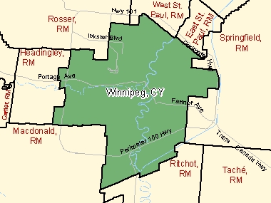 Carte : Winnipeg, City, Subdivision de recensement (ombrée en vert), Manitoba