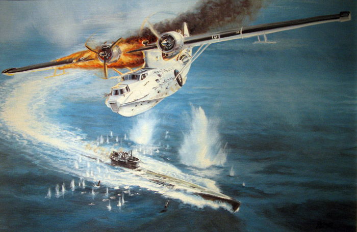 diapositives - Une peinture d’un gros avion blanc qui survole un sous-marin et dont l’un des moteurs est en feu.