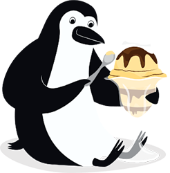 Percy Penguin enjoying an ice cream sundae