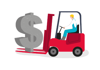 Man driving a forklift carrying a giant dollar sign