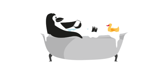 Percy Penguin banking on his smartphone in a bathtub 