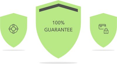 Three shield emblems; the main shield has the words 100% Guarantee on its front