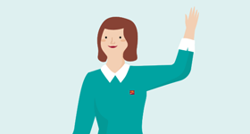 Illustration d’une femme portant une épinglette C I B C qui sourit et qui fait un geste de la main pour dire bonjour