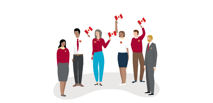 六名 CIBC 雇员挥舞着加拿大国旗。 