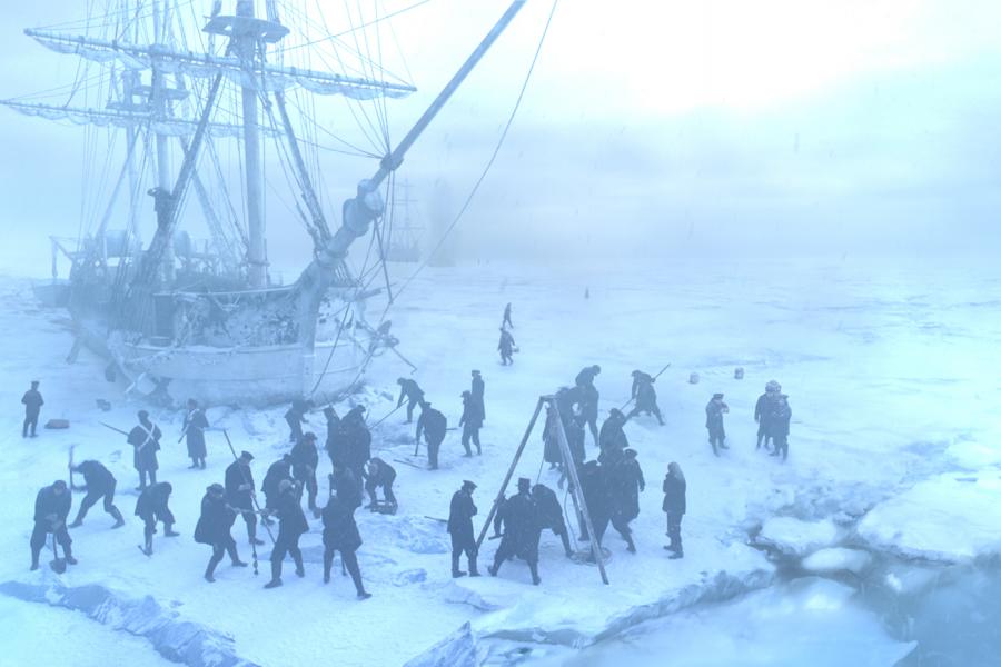 The crew of the The Terror at work on the ice in the series' first episode