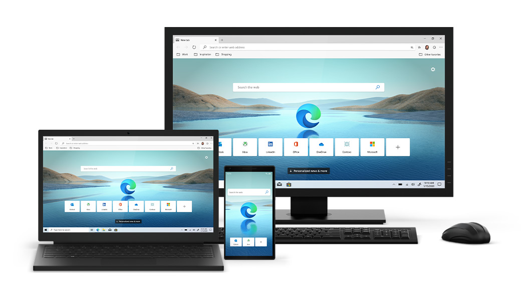 Desktop, laptop, mobile phone devices with Edge home screen.