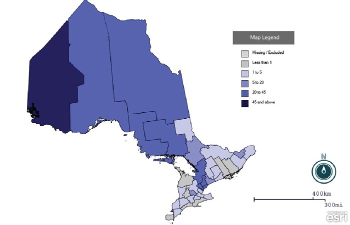 Figure 1 : Nombre d’hospitalisations pour une blastomycose par bureau de santé publique de l’Ontario, de 2006 à 2015 (n = 581)