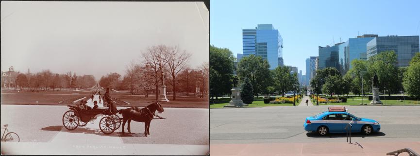 Looking south from the main entrance of the Legislative Building - the view on the left is from 1890 and has a horse-drawn carriage in it, the view on the right is from present day and has a taxi cab in it