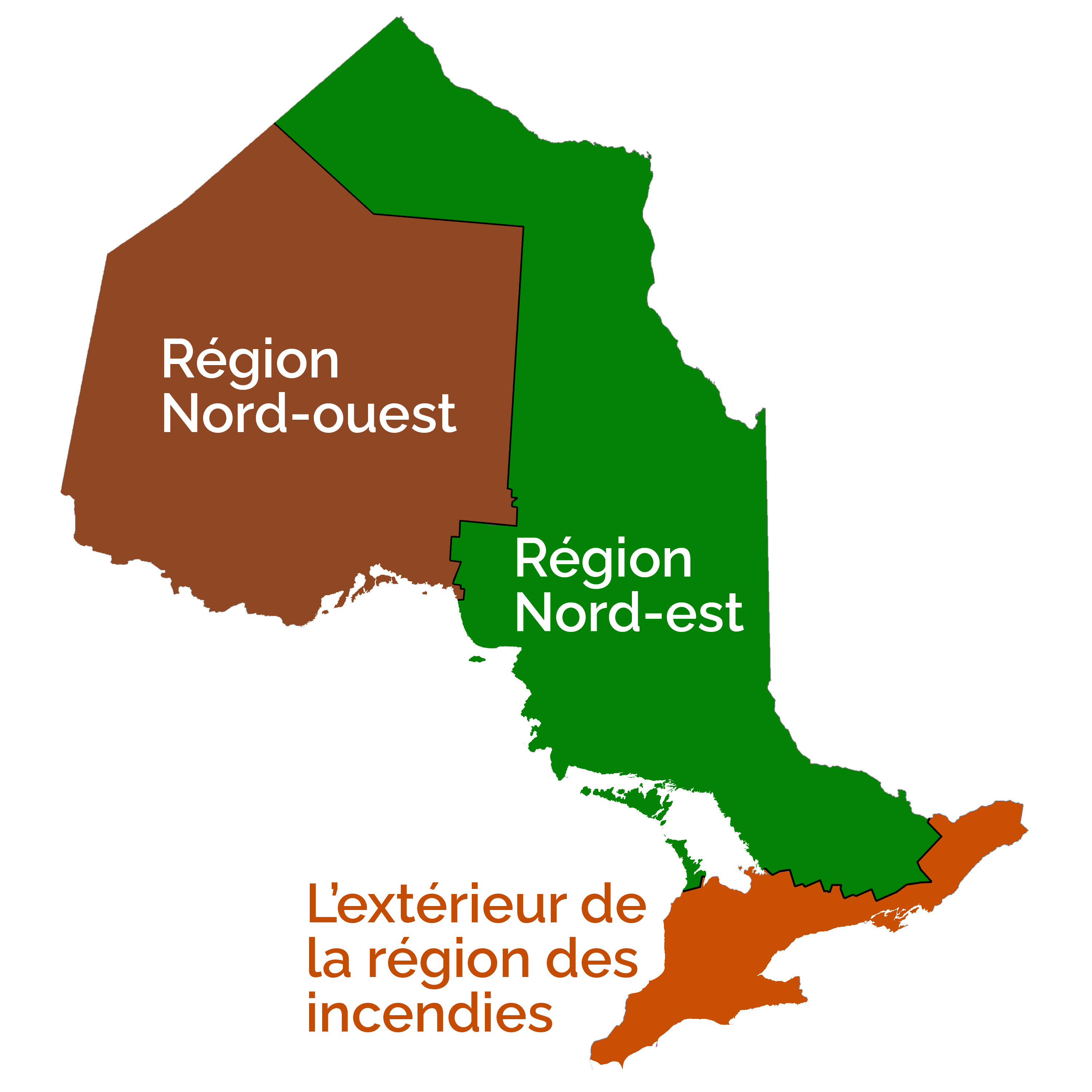 La région nord-ouest se trouve au nord et à l’ouest de Sault-Sainte-Marie. La région est se trouve à l’est de Sault-Sainte-Marie. Les territoires au sud d’Owen Sound et d’Ottawa sont à l’extérieur de la région d’incendies.