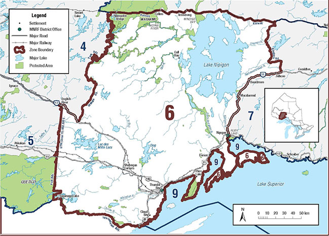 Zone 6 is located in northwestern Ontario and includes the cities of Thunder Bay, Nipigon, Red Rock, Upsala, and Dorion.